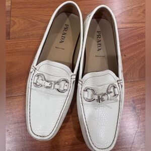 Prada Cream Leather Horsebit Loafers